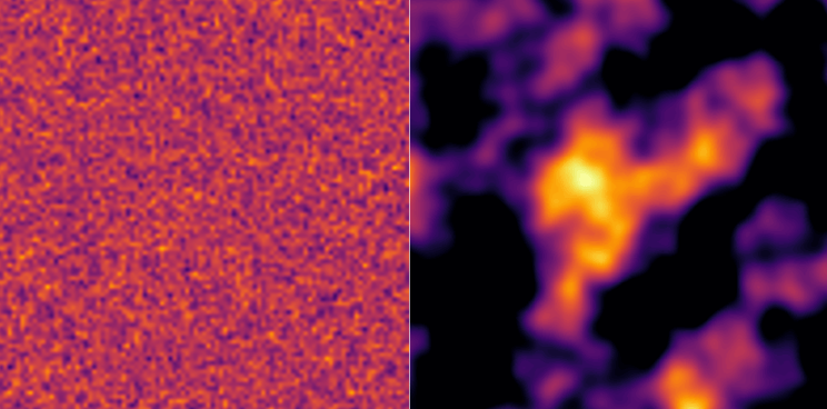 Bruit blanc (à gauche) et bruit de Perlin (à droite). Chaque pixel est coloré en fonction de sa valeur.