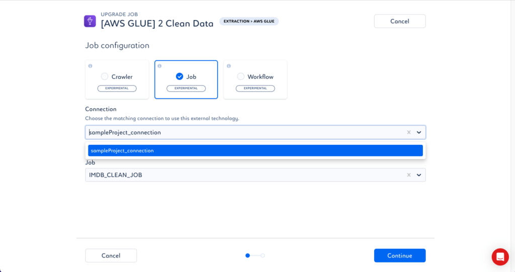 Fig 2. Création d’un job se référant à un traitement AWS Glue